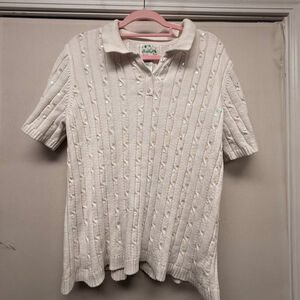 Women's The Quacker Factory White Sequin Cable Knit Short Sleeve Tee XL